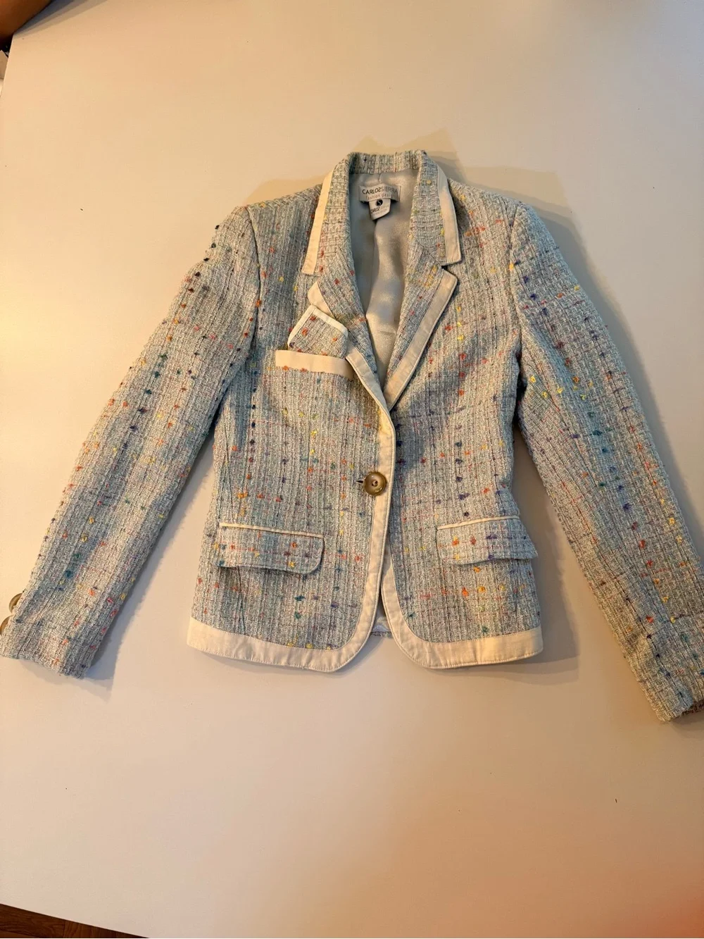 Light Blue Tweed Blazer with Cream Trim